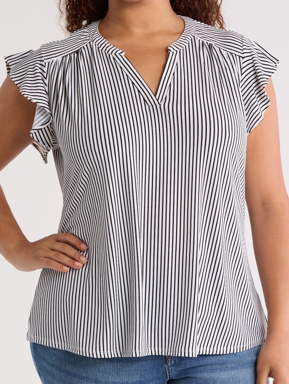 Adrianna Pappel Flutter Sleeve Top - 2X, Ivory/Black Stripe